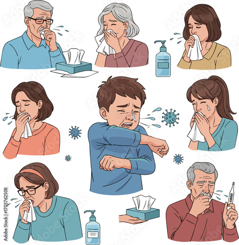 Isolated a kinds of deferent Character Sneezing and Coughing. Boy Have Respiratory Disease with Runny Nose Symptoms. Flu Virus and Infection. Hygiene and Treatment Concept. vector art .