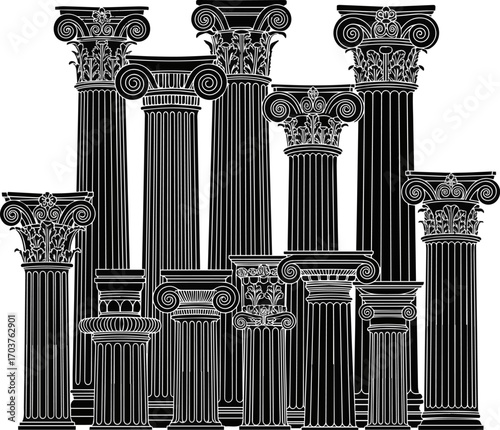  Isolated a kinds of deferent Engraving ancient columns vector art silhouette with white background.