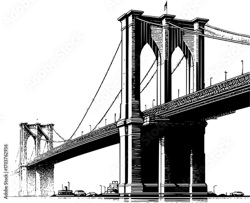 Black and white vector illustration of iconic bridge, clean structural line art, simple geometric architecture, scalable outline design, isolated on white