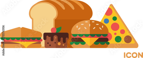 Isolated a kinds of deferent food, bread, cake, hamburger, set, burger, fast, sandwich, sweet, vector, icon, dessert, bakery, pizza vector art with white background.