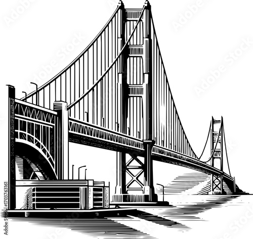 Black and white vector illustration of iconic bridge, clean structural line art, simple geometric architecture, scalable outline design, isolated on white