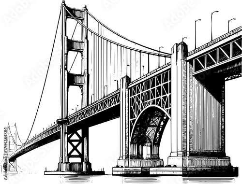 Black and white vector illustration of iconic bridge, clean structural line art, simple geometric architecture, scalable outline design, isolated on white