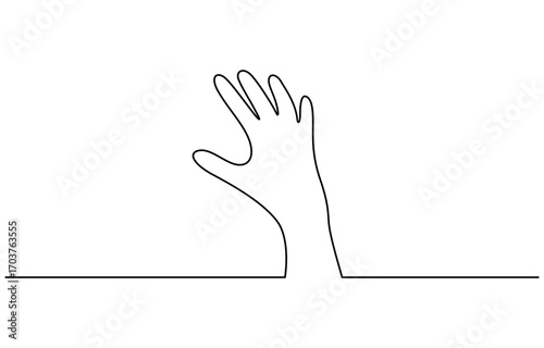 Single line drawn hand gesture, minimalist waving human five fingers arm vector illustration. Editable outline
