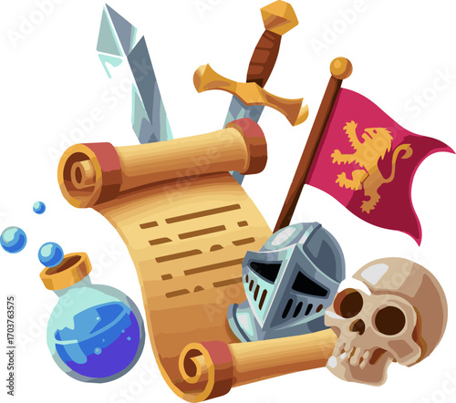 Isolated a kinds of deferent Gaming 3D medieval icons, Cartoon set for online games, apps. Gift UI, GUI for Mobile App. Ancient scroll, helmet, sword, potion, flag, sword, staff, skull and more vector