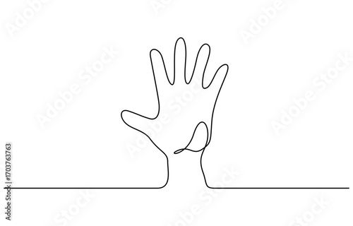 Single line drawn hand gesture, minimalist waving human five fingers arm vector illustration. Editable outline