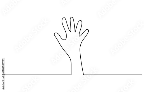 Single line drawn hand gesture, minimalist waving human five fingers arm vector illustration. Editable outline