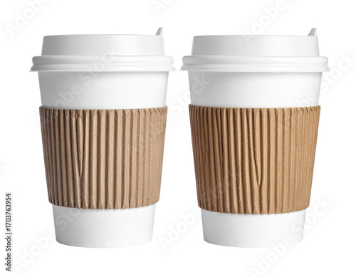 Wallpaper Mural Two identical white disposable coffee cups, each with a brown corrugated cardboard sleeve, are shown side-by-side against a plain background Torontodigital.ca