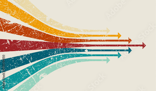 Retro multicolor upward arrows vector background with vintage grunge texture, perfect for 70s style posters, growth concepts, and creative graphic design.