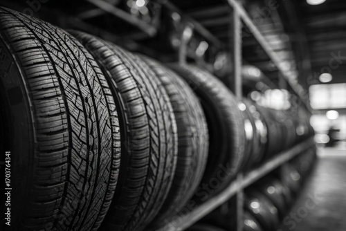 Tires stacked on shelves in a warehouse