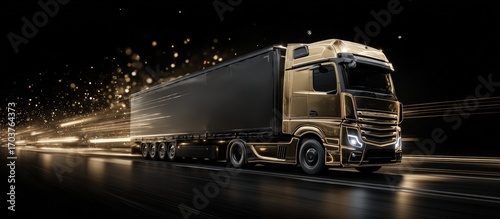Golden truck on a dark highway at night