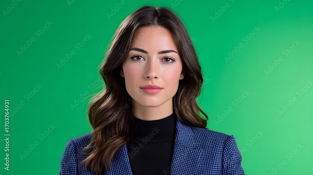 Fototapeta premium Headshot of an elegant, sophisticated woman with brown hair and a serious, authoritative expression against a green studio background