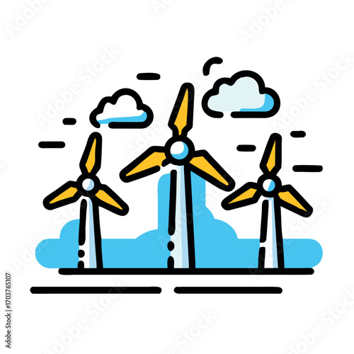 Whimsical Wind Turbines and Clouds A Colorful Illustration of Renewable Energy and Atmospheric Elements for a Modern Design