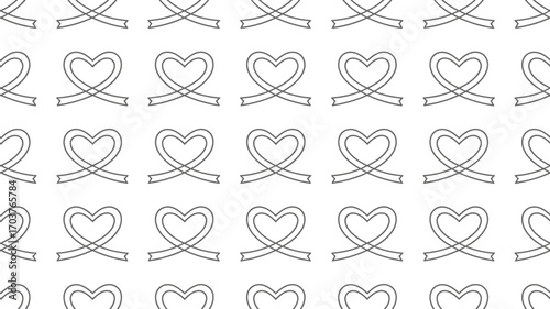 A repeating pattern of heart shapes with ribbons on a white background in a simple line drawing style