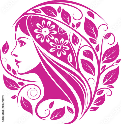 Vector art of beautiful woman profile with flowers and leaves in her hair