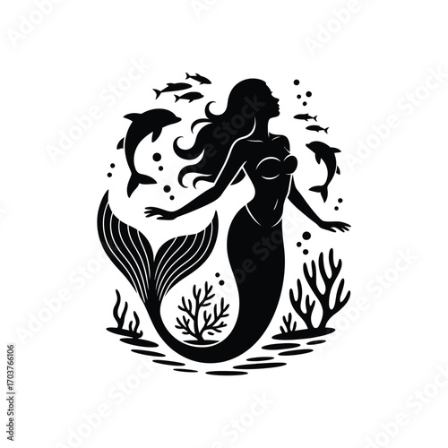 Enchanting Mermaid Silhouette Illustration with Dolphins and Coral Reef Underwater Scene