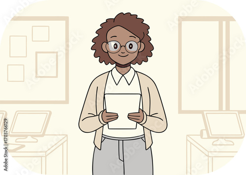 Cheerful Black Woman Teacher Holding Paper in Classroom with Computers african american smiling