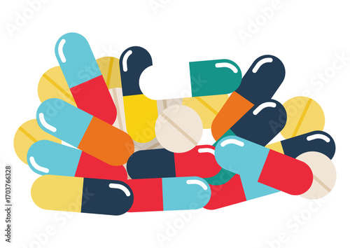 Colorful pile of medical pills and capsules. Assortment of pharmaceutical medication. Health care treatment and cure concept.