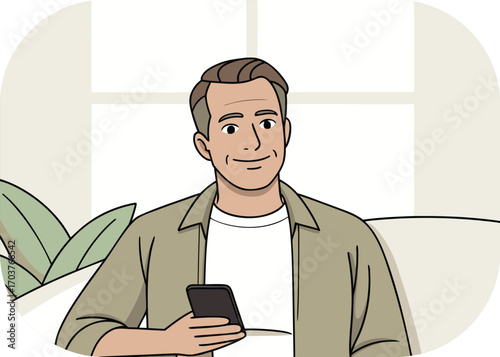 Smiling Man Holding Smartphone While Sitting on Sofa with Plant holding phone