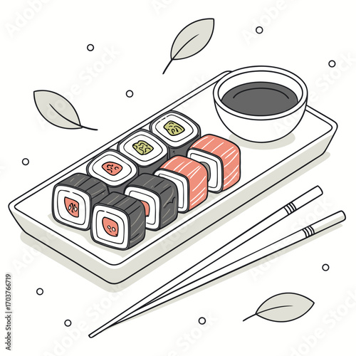 Delicious Sushi Rolls on a Tray with Soy Sauce and Chopsticks Artistic Food Illustration