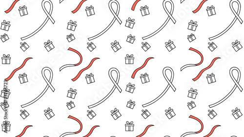 A seamless pattern of ribbons and gift boxes scattered on a plain white background design illustration