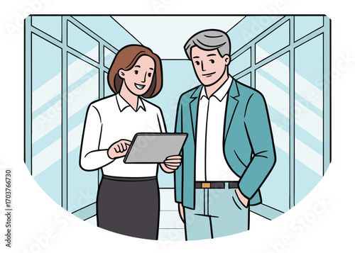 Two business people looking at a tablet in a modern office hallway woman