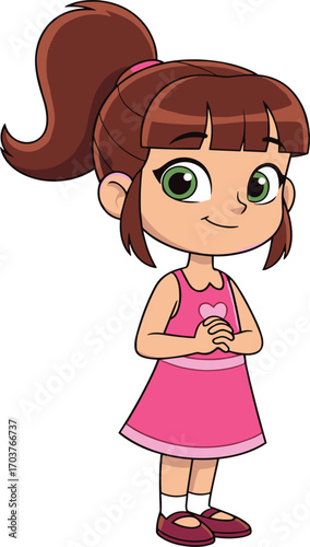 Cartoon girl illustration, cute child character, pink dress outfit, green eyes, ponytail hairstyle, standing pose, children book design, vector art