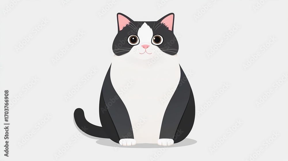 Obraz premium A cute cartoon illustration of a black and white cat sitting attentively against a soft background, This image can be used for pet-related products, children's books, or marketing materials,