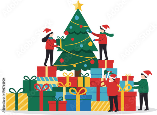 Kids celebrating Christmas, stacking colorful gift boxes, decorating Christmas tree, festive winter holiday scene, flat cartoon vector illustration, joy.