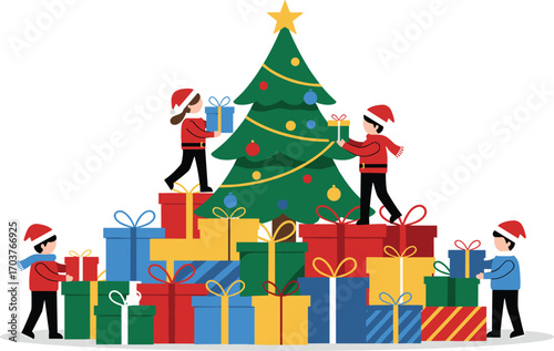 Kids celebrating Christmas, stacking colorful gift boxes, decorating Christmas tree, festive winter holiday scene, flat cartoon vector illustration, joy.