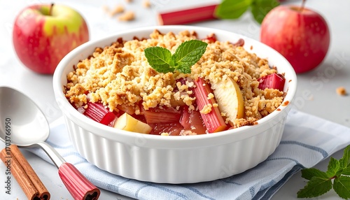 Apple and rhubarb crumble in a white dish