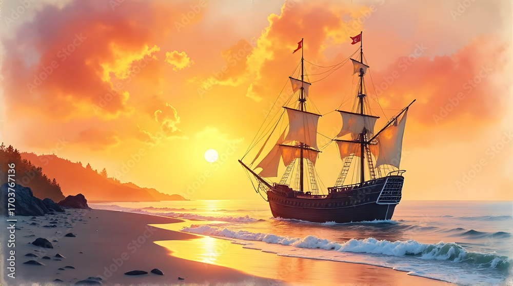 Fototapeta premium A sailing ship on the shore at sunset with golden sky and clouds
