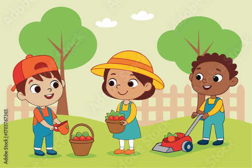 Vector art of three diverse cartoon children happily gardening together in a sunny backyard with trees and a fence