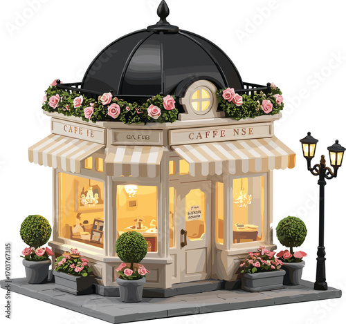 Miniature Parisian café building model with lights, floral decor, striped awnings, romantic street lamp, cozy exterior, dollhouse shop scene.