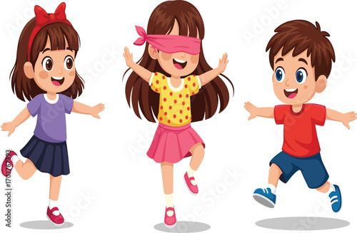 Children playing blindfold game, outdoor fun, childhood joy, cartoon kids, active movement, smiling faces, teamwork, colorful outfits, happy interaction, laughter