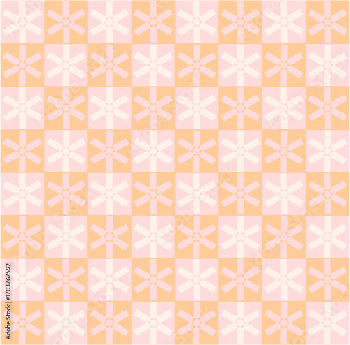 Soft pink and peach blossoms repeat across gentle squares, radiating warmth, tenderness, and balance, forming a soothing grid of delicate floral geometry.