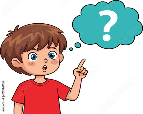 Cartoon illustration of confused boy with question mark bubble, thinking expression, doubt, curiosity, learning, problem solving, education concept, vector art