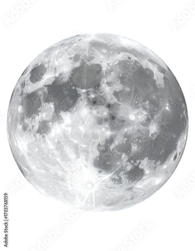 Detailed grayscale image of the moon.  A full moon, showing a multitude of craters and light and dark surface markings