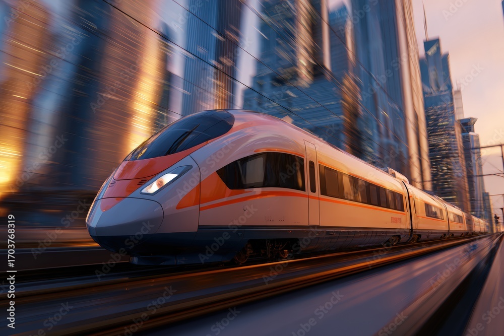 Fototapeta premium High-speed train in a modern city at dawn