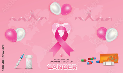 Happy Breast Cancer Day October 19th illustration horizntal banner with pink ribbon balloons on global maps background