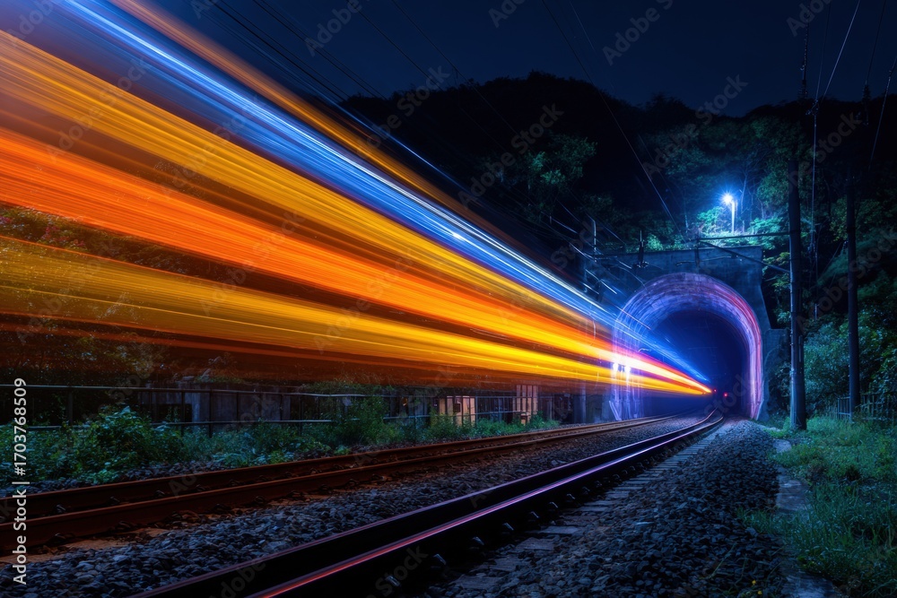 Fototapeta premium Night train speed through tunnel