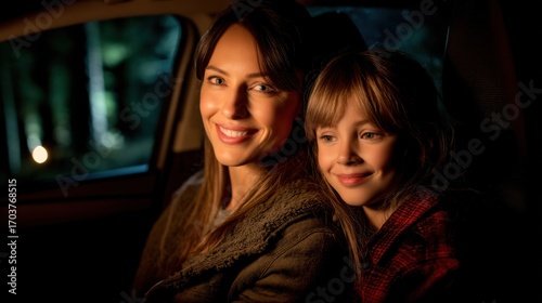 Mom and daughter on a road trip, medium shot, in the car, relaxed composition, with warm car light