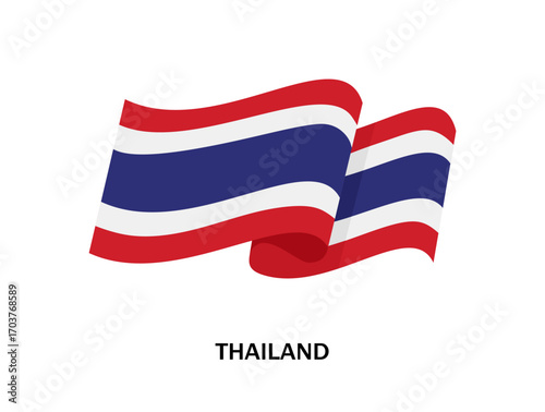Waving flag of Thailand. Thai flutters flag in cartoon style isolated on white background. National flag, Southeast Asia country. Colored flat vector illustration