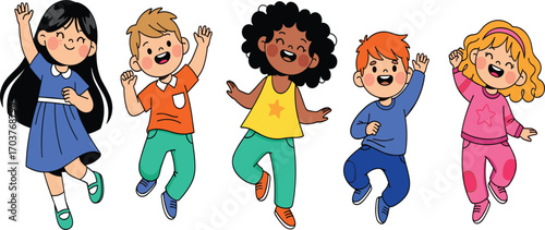 Happy children jumping, diverse kids illustration, joyful cartoon characters, playful childhood moment, colorful outfits, smiling faces, energetic pose, inclusive design, fun scene