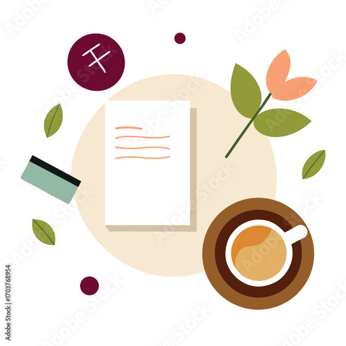 Top view table scene illustration with various objects