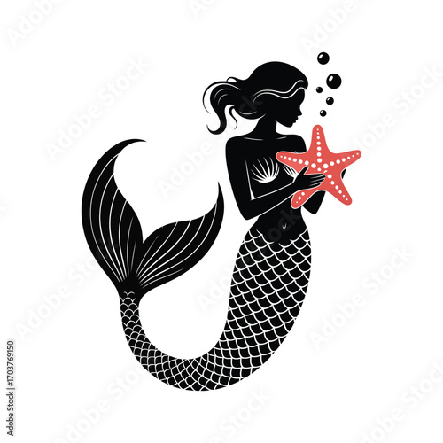Mermaid Silhouette Illustration Holding Starfish Underwater Creature Sea Life Ocean Art