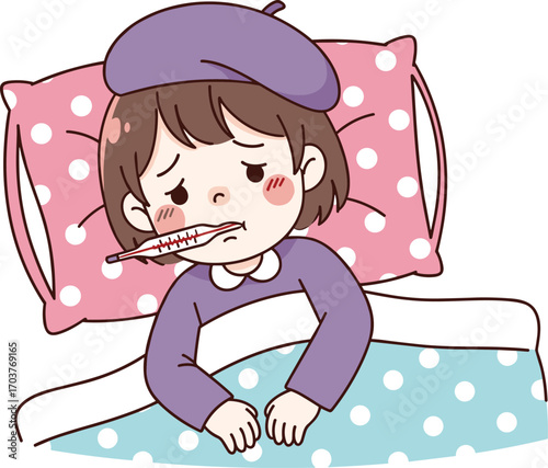 Sick child, cartoon illustration, thermometer, fever, lying in bed, purple pajamas, beret, blanket, illness, discomfort, flushed cheeks, healthcare, rest, recovery, bedroom, l, 