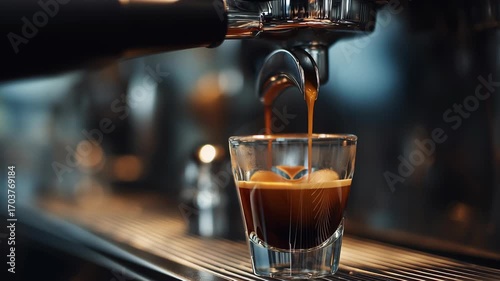 Fresh espresso coffee pouring from professional machine into glass cup in coffee shop, showcasing barista technique, cafe ambiance, and high-quality coffee preparation.