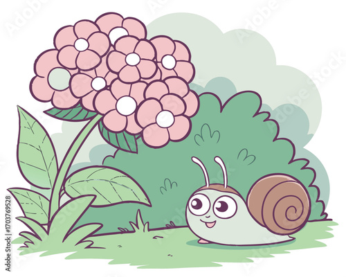A cute cartoon vector illustration of a snail with a spiral shell on a floral background