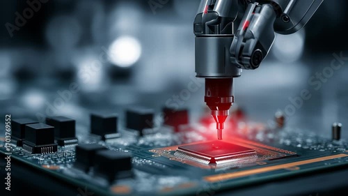 Robotic arm precisely assembling microchip on circuit board, representing advanced technology, AI automation, and modern electronics manufacturing in high-tech industry.