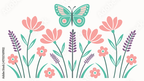 Colorful floral arrangement with butterfly, isolated on white background, creating a vibrant and whimsical design for spring and summer themes